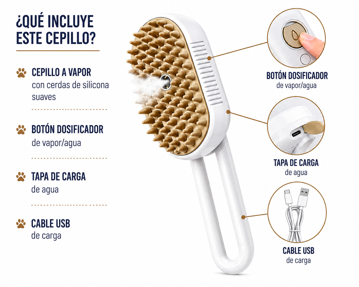 Kit Cepillo a Vapor + Guante Quitapelos para Mascotas