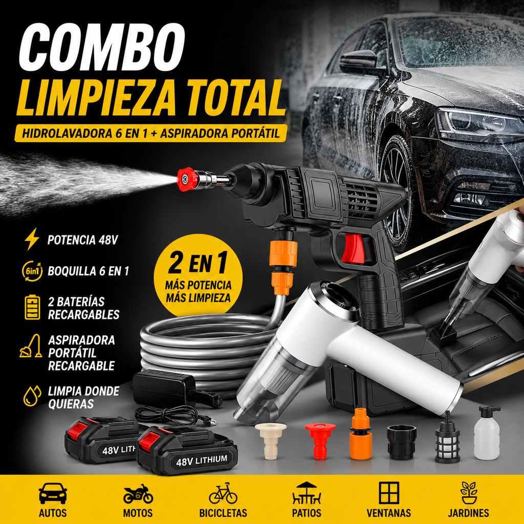 Hidrolavadora Inalámbrica 48V 6 en 1 + Aspiradora Portátil Recargable